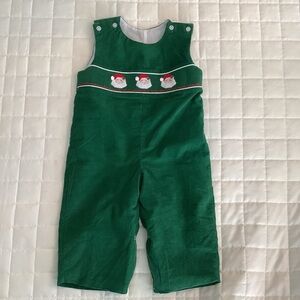 Classic Whimsy Green Corduroy Christmas Jon Jon with Smocked Santa Detail | 18M